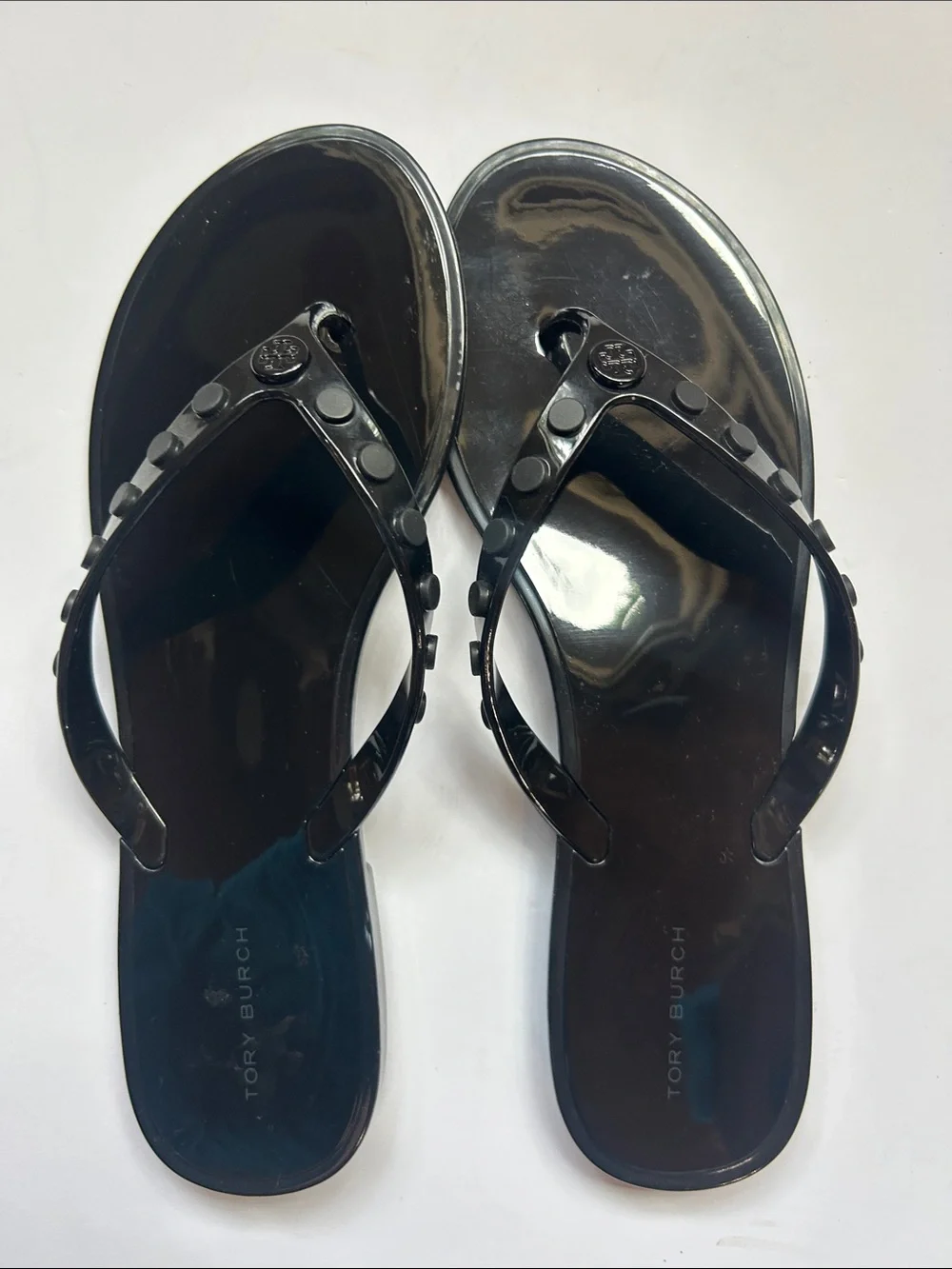 TORY BURCH 10 STUDDED JELLY THONG SANDALS LOGO PERFECT BLACK flip flops